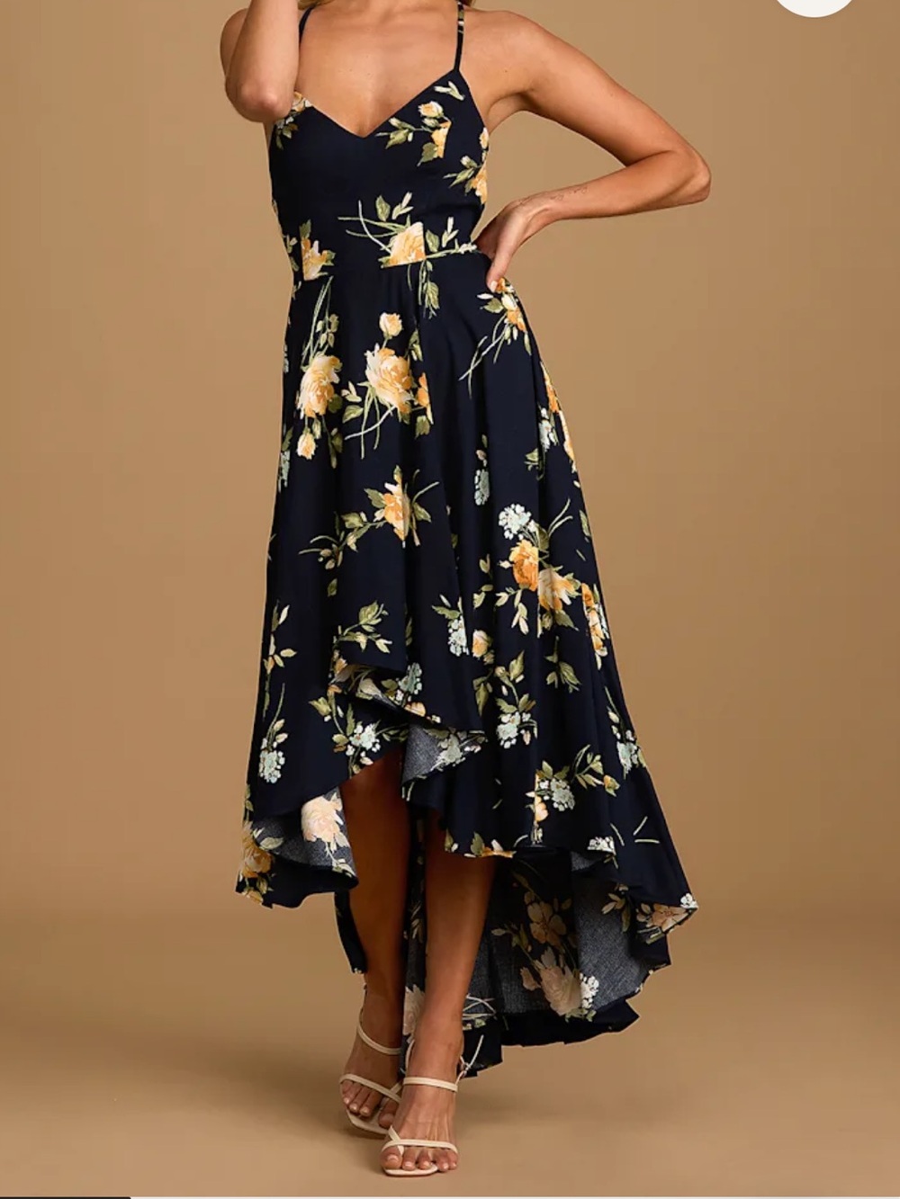 Lulus Best Times Navy Blue Floral Print Lace-Up High-Low Maxi Dress